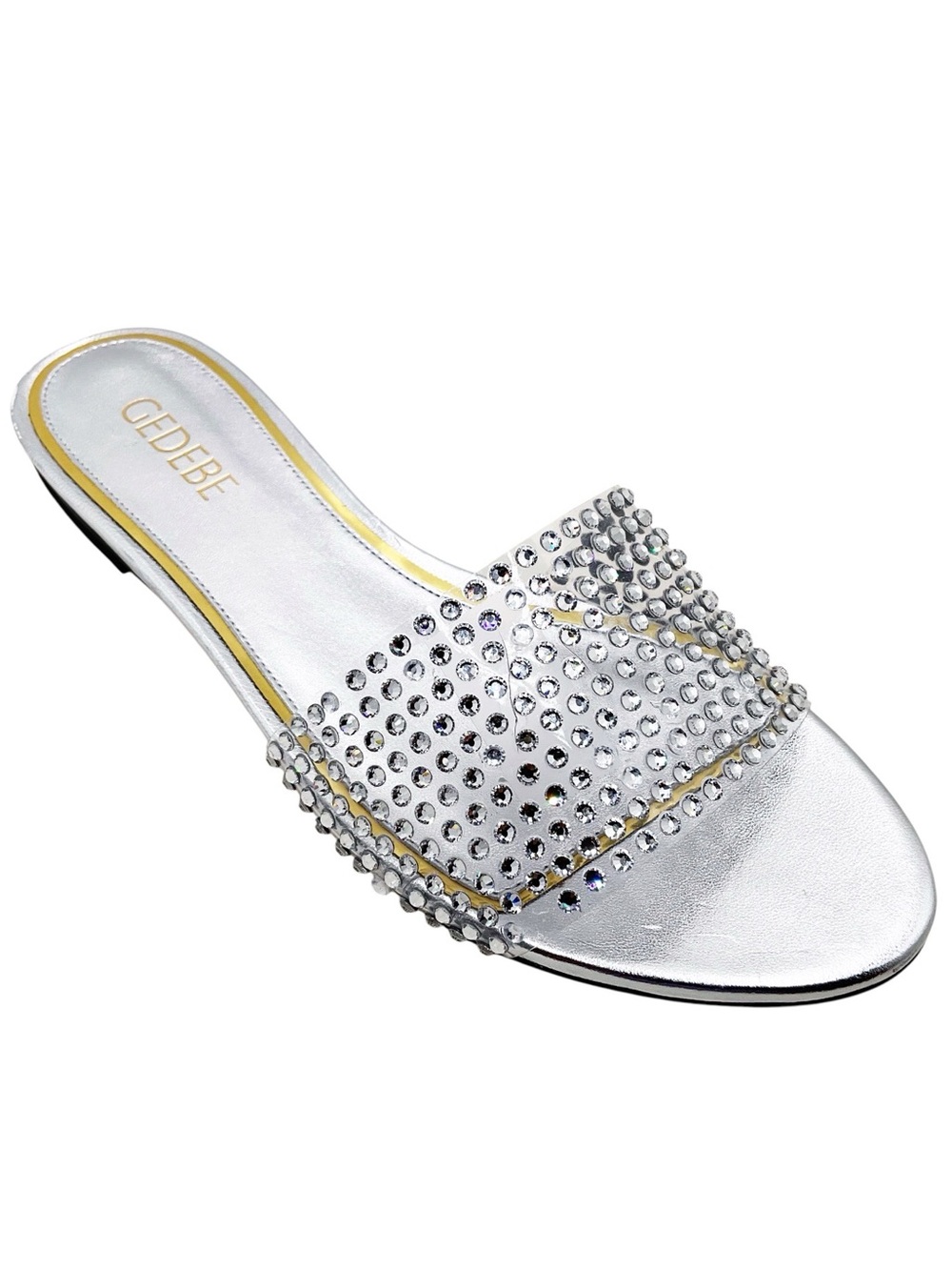 🆕{Gedebe} Metallic Leather Silver Crystal  Embellished Slides Sandals